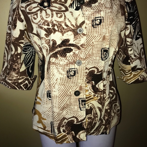 Coldwater Creek Tan Cream Black Floral Abstract 3/4 Sleeve Jacket Blazer - Picture 3 of 11